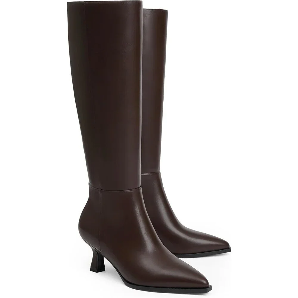 Women's Chocolate Pu Kitten Low Heel Toe Side Zipper Long Tall Knee High Boots